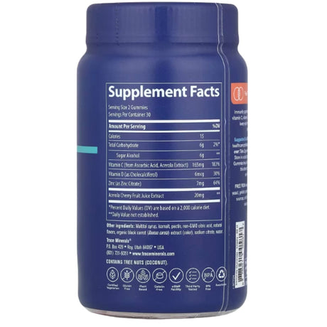 Tabla nutricional del suplemento Trace Vitamina C, Zinc y Vitamina D3 Cereza 60 gomitas