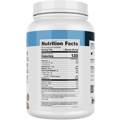 Tabla nutricional del suplemento Transparent Labs 100% Aislado de Proteína de Suero Grass-Fed Sabor Avena con Chispas de Chocolate 2.40 lbs polvo