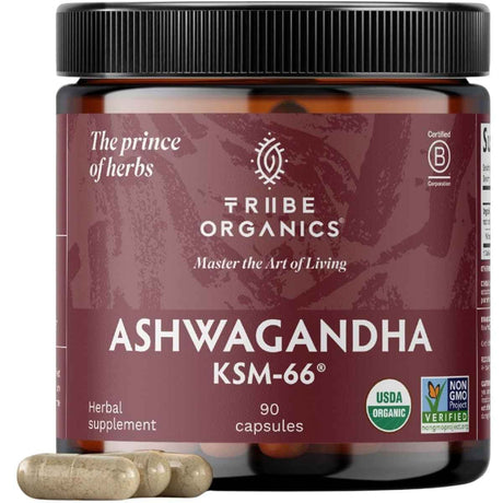 Frasco de suplemento TRIBE ORGANICS Extracto Orgánico de Raíz de Ashwagandha KSM-66 (600 mg - 90 Cápsulas)