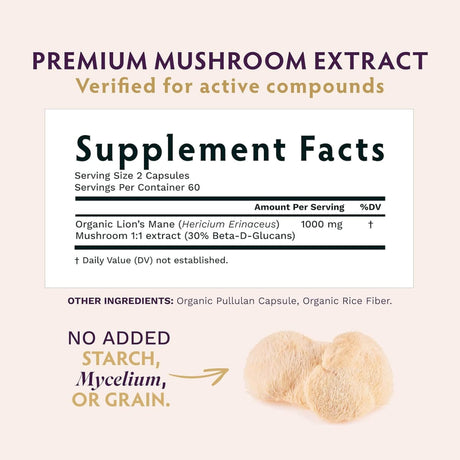 Etiqueta de suplemento de TRIBE ORGANICS Melena de León en cápsulas con porción e ingredientes