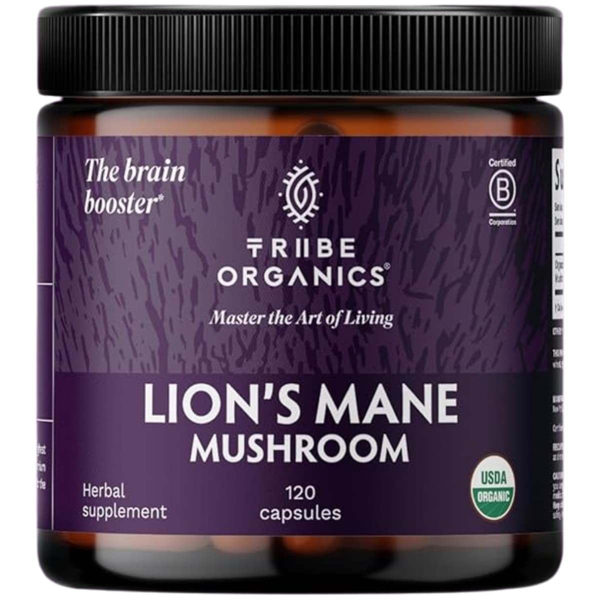 Frasco frontal de TRIBE ORGANICS Melena de León en presentación de 120 cápsulas