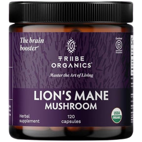 Frasco frontal de TRIBE ORGANICS Melena de León en presentación de 120 cápsulas