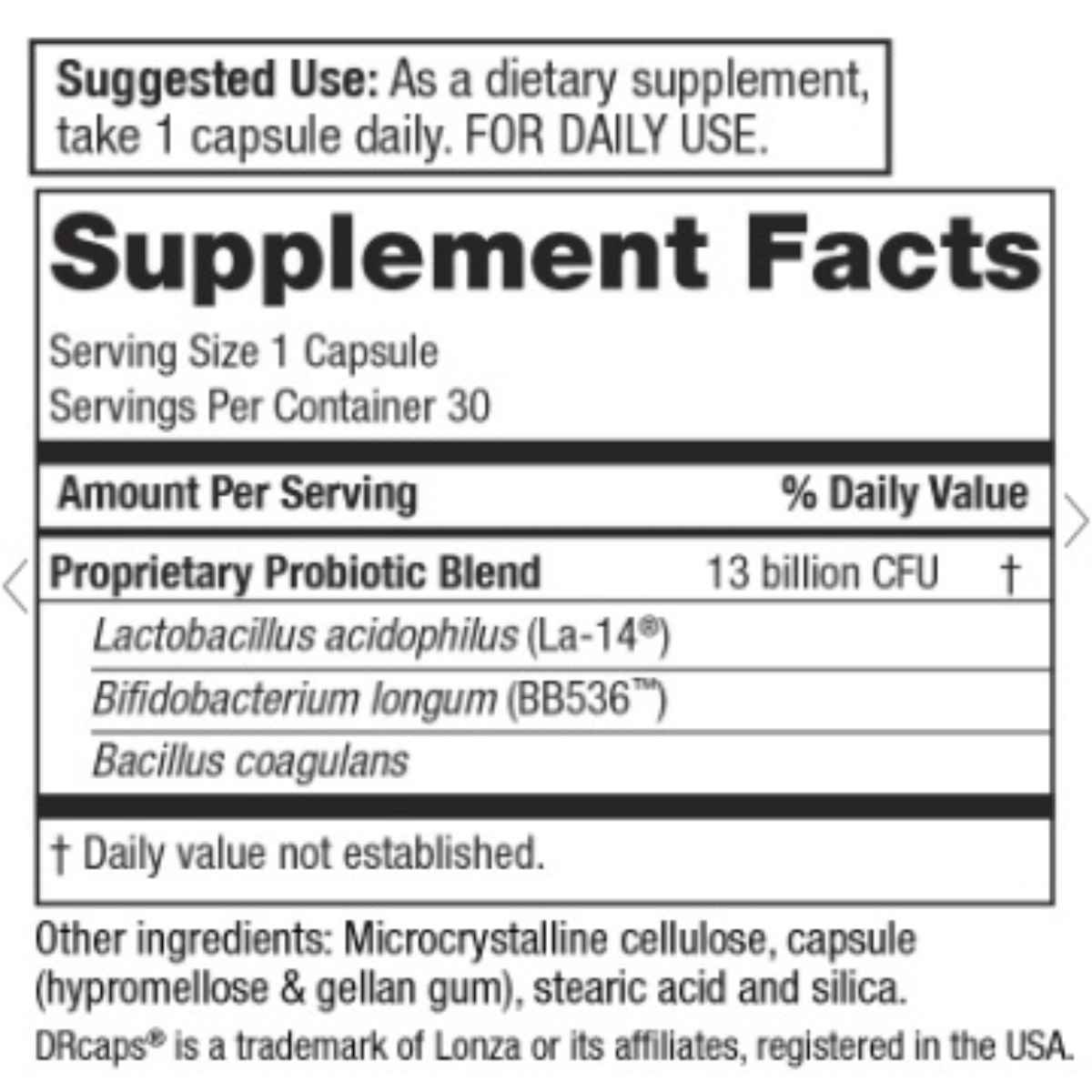 Purity Products Probiotic Super Pill™ Fórmula 3 en 1 Equilibrio Digestivo 13 Mil Millones CFU - 30 Cápsulas Vegetarianas - Tabla Nutricional - Haz Tu Pedido