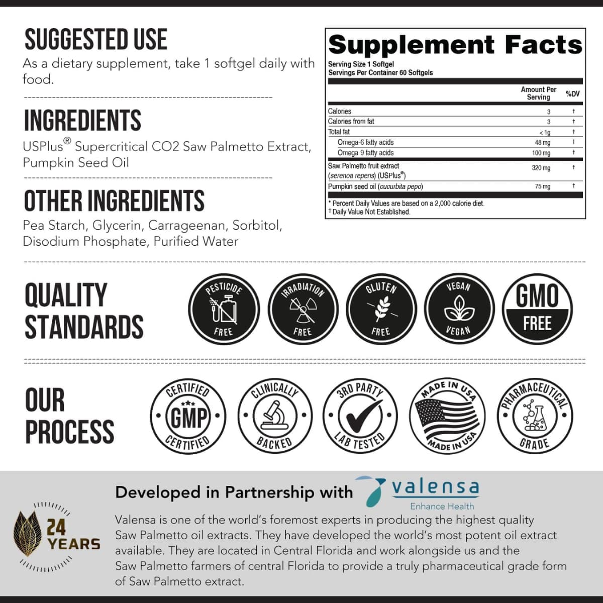 Tabla nutricional del suplemento Triquetra Extracto de Saw Palmetto 60 cápsulas blandas
