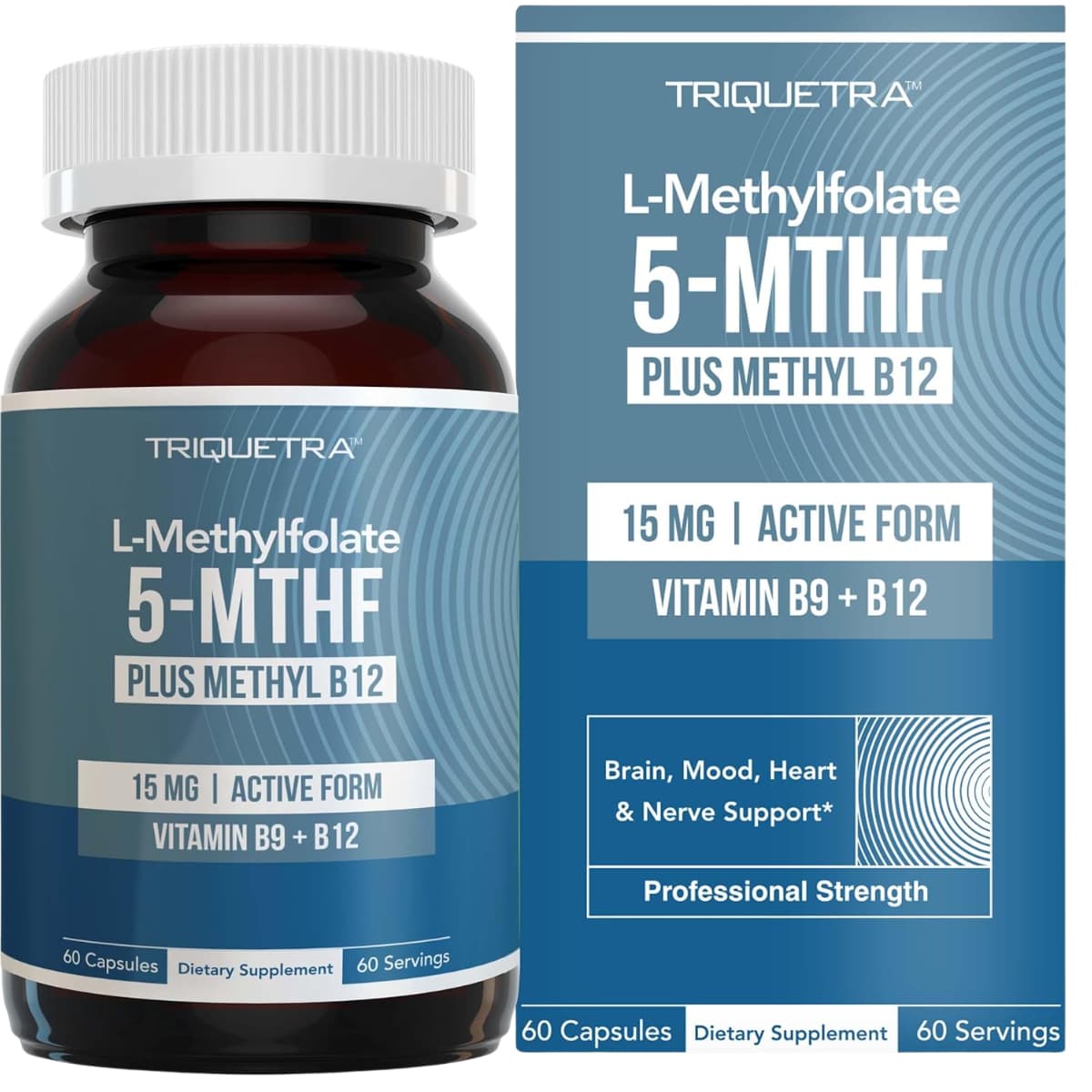 Frasco de suplemento Triquetra Health L-Metilfolato 15 mg 60 cápsulas