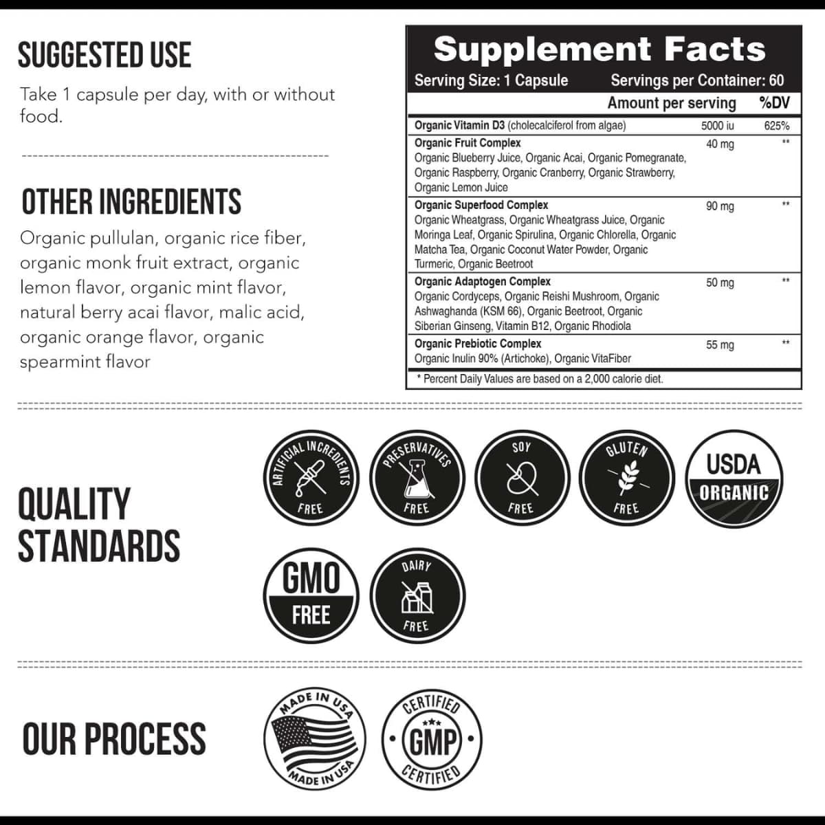 Tabla nutricional del suplemento Triquetra Vitamina D3 Orgánica 60 cápsulas