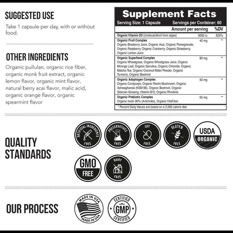 Tabla nutricional del suplemento Triquetra Vitamina D3 Orgánica 60 cápsulas