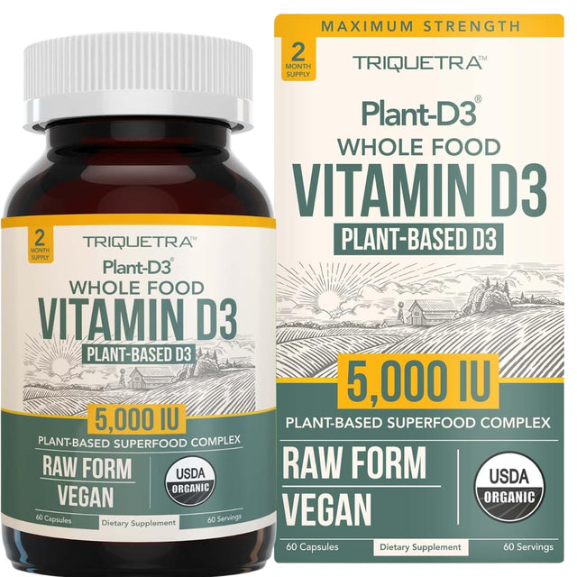 Frasco de suplemento Triquetra Vitamina D3 Orgánica 60 cápsulas