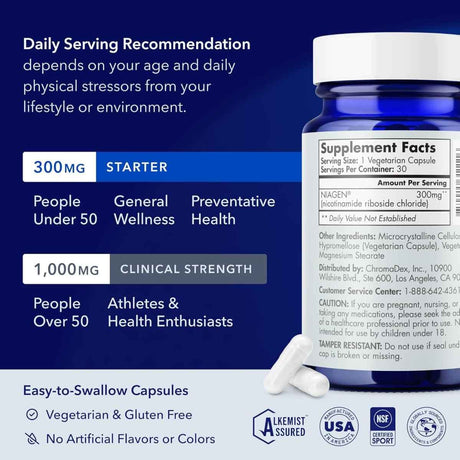Información del suplemento TRU NIAGEN NAD+ ribósido de nicotinamida 300 mg, 30 cápsulas