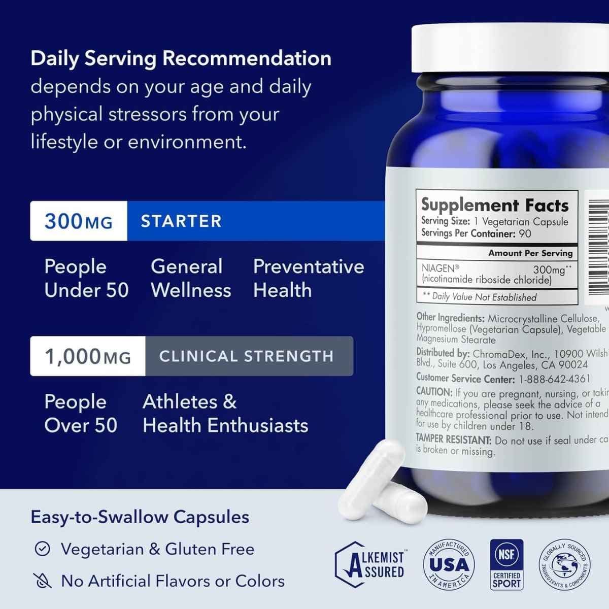 Información del suplemento TRU NIAGEN NAD+ ribósido de nicotinamida 300 mg, 90 cápsulas