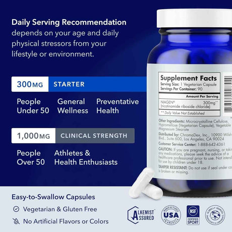 Información del suplemento TRU NIAGEN NAD+ ribósido de nicotinamida 300 mg, 90 cápsulas