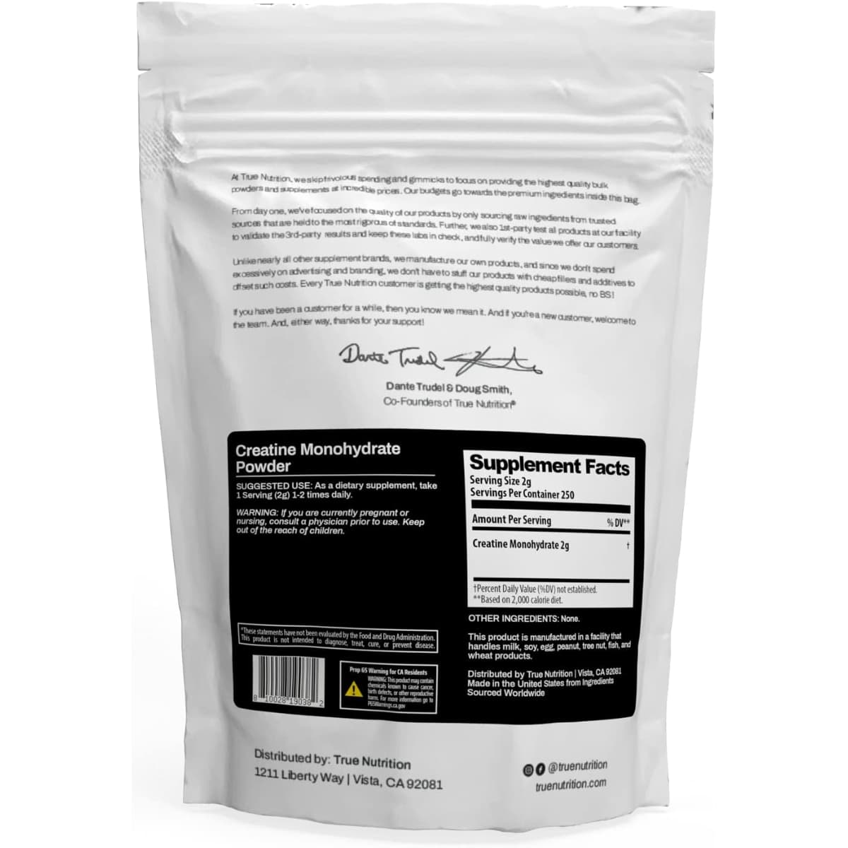 Tabla nutricional del suplemento True Nutrition Monohidrato de Creatina 500 g