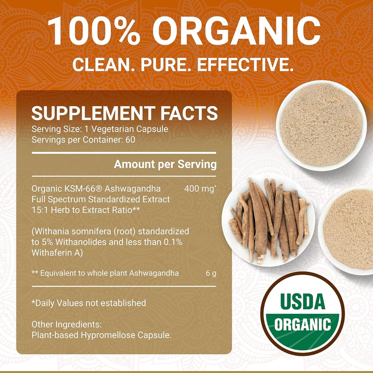 Tabla nutricional del suplemento True Veda Ashwagandha Orgánica KSM-66 60 cápsulas