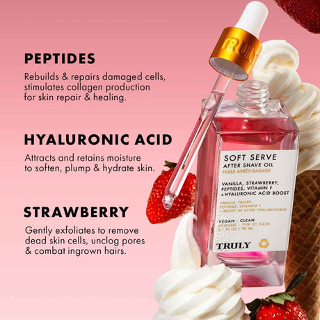 Panel de ingredientes e información de la fórmula del aceite Truly Aceite Post Afeitado con Fresa y Vainilla 90 ml