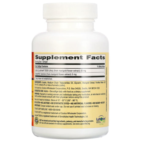 Tabla nutricional del suplemento trunature Luteína y Zeaxantina 140 cápsulas blandas