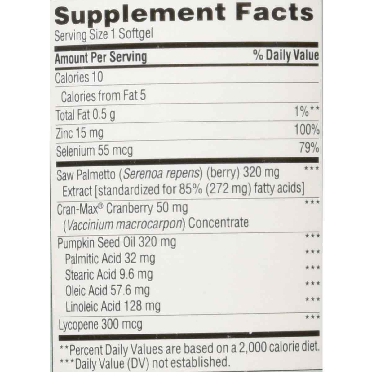 Tabla nutricional del suplemento Trunature Saw Palmetto 250 cápsulas blandas