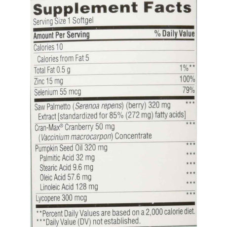 Tabla nutricional del suplemento Trunature Saw Palmetto 250 cápsulas blandas