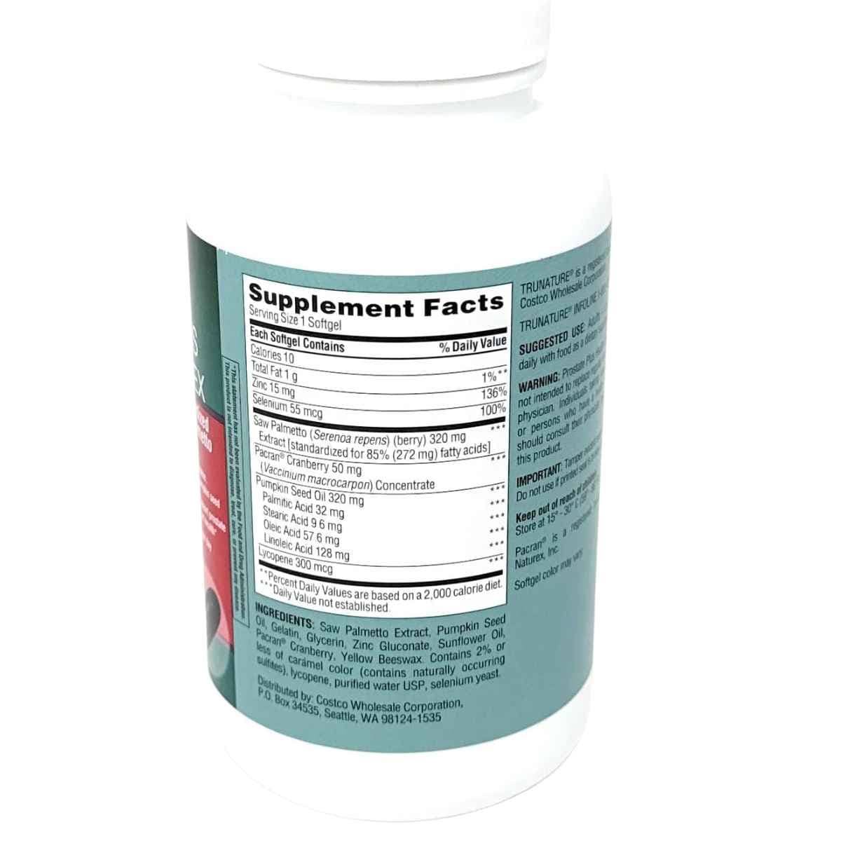 Etiqueta del suplemento TruNature con información de saw palmetto 320 mg, zinc, selenio y otros ingredientes por porción.