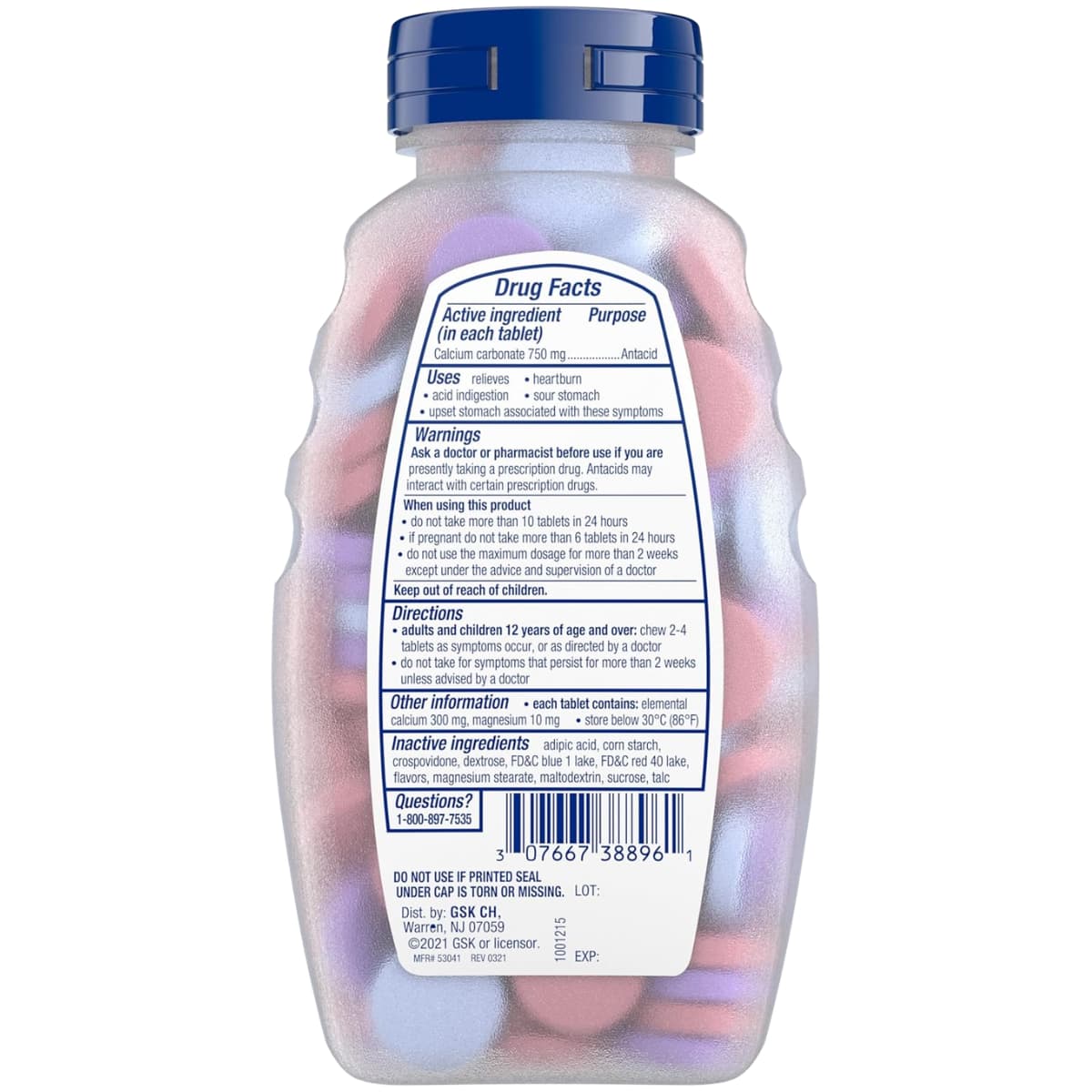 Tabla nutricional del suplemento TUMS Carbonato de Calcio Surtido de Bayas 96 tabletas