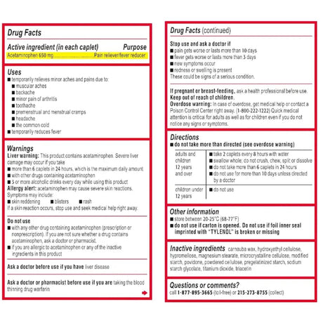 Tabla nutricional del suplemento Tylenol 8HR 650 mg Acetaminofén 100 comprimidos recubiertos