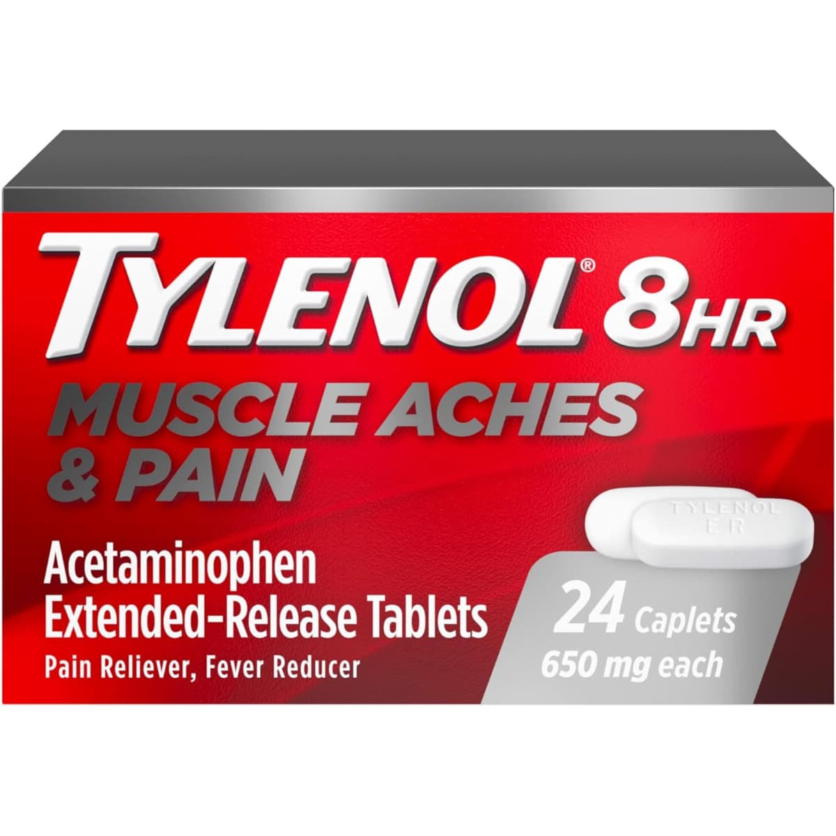 Frasco de suplemento Tylenol 8HR 650 mg Acetaminofén 24 comprimidos recubiertos