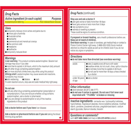 Tabla nutricional del suplemento Tylenol Acetaminofén 650 mg Liberación Prolongada 100 comprimidos