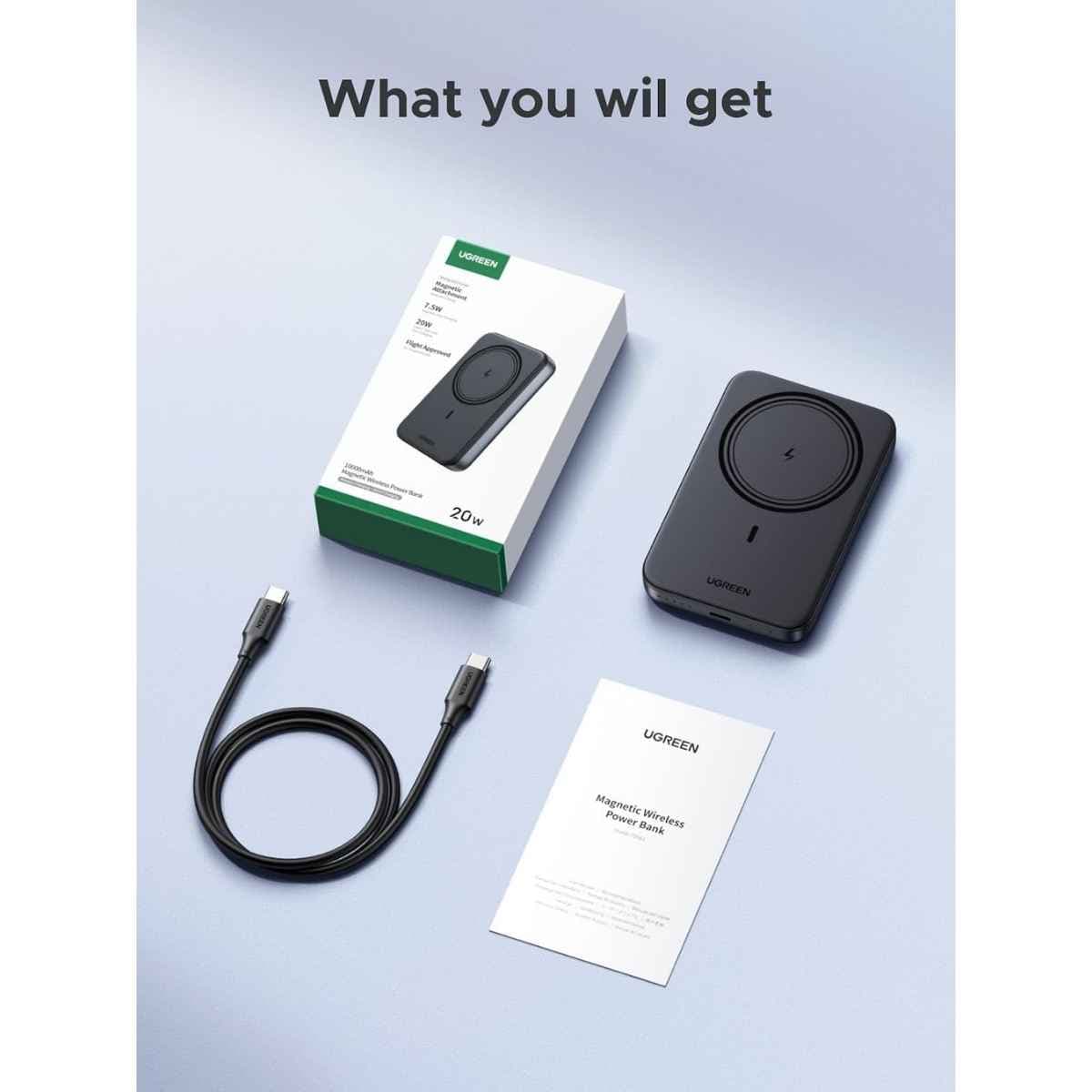 UGREEN PB561 junto a su caja, cable USB-C y manual de usuario.