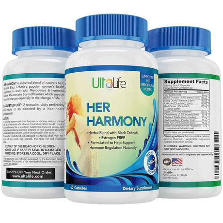 Información del suplemento UltaLife Her Harmony fórmula femenina 60 cápsulas