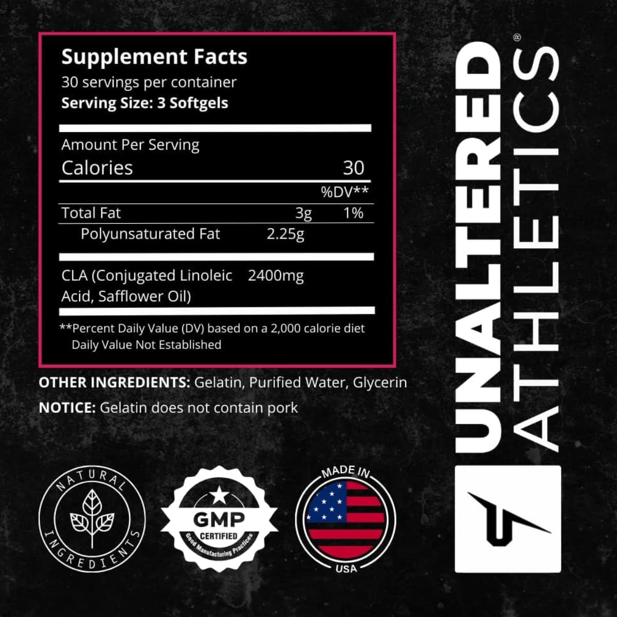 Tabla nutricional del suplemento UNALTERED CLA 2400 mg 90 cápsulas blandas