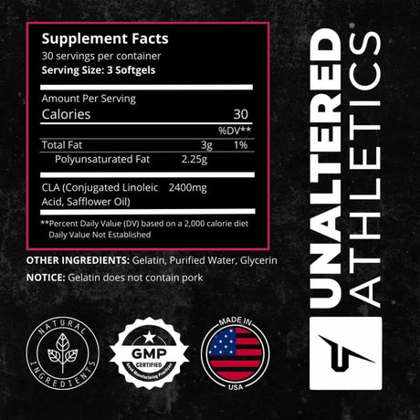 Tabla nutricional del suplemento UNALTERED CLA 2400 mg 90 cápsulas blandas
