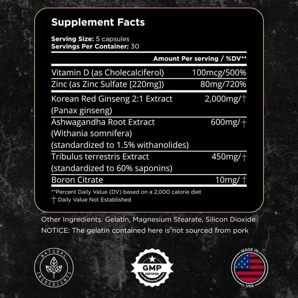 Tabla nutricional del suplemento UNALTERED Muscle Builder Ginseng Ashwagandha y Zinc 150 cápsulas