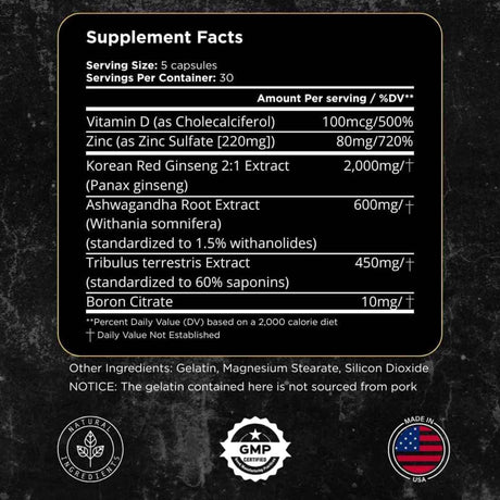 Tabla nutricional del suplemento UNALTERED Muscle Builder Ginseng Ashwagandha y Zinc 150 cápsulas
