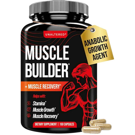 Frasco de suplemento UNALTERED Muscle Builder Ginseng Ashwagandha y Zinc 150 cápsulas