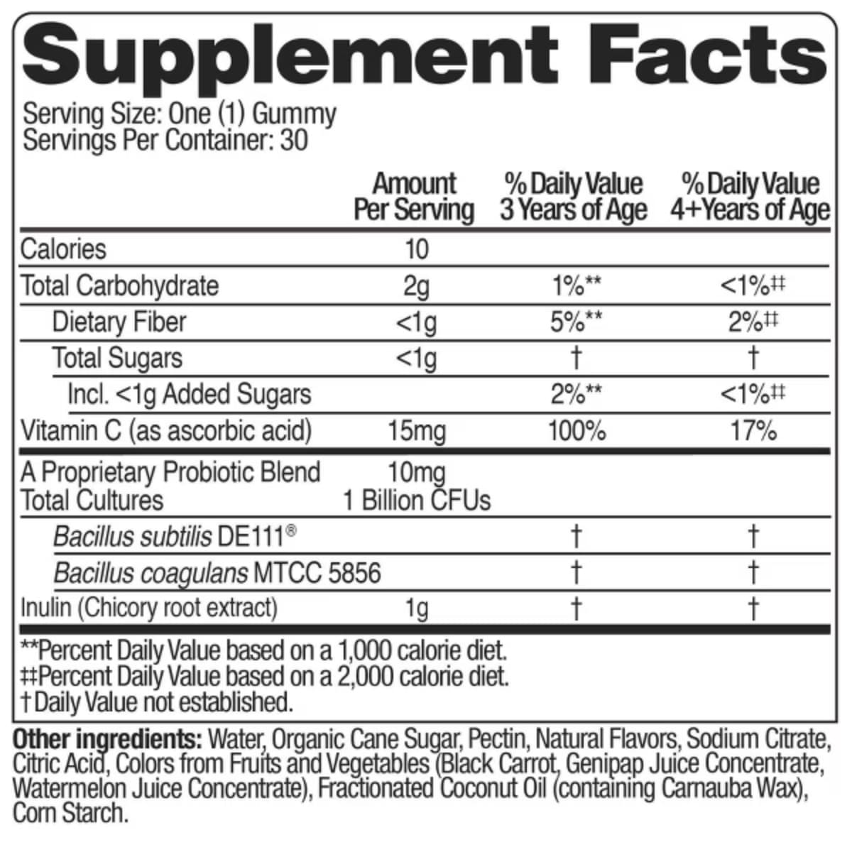 Tabla nutricional del suplemento up4 Probióticos + Prebióticos Kids Sabor a Bayas 30 gomitas