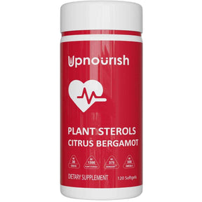 Frasco frontal de UpNourish esteroles vegetales y bergamota en presentación de 120 cápsulas blandas