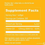 Tabla nutricional del suplemento UpNourish Vitamina D3 Liposomal 5000 UI 365 cápsulas blandas