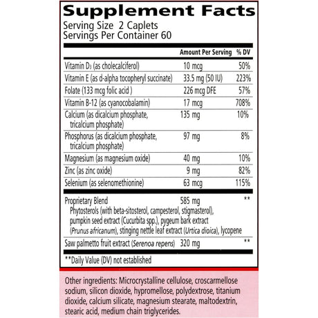 Tabla nutricional del suplemento Urinozinc Saw Palmetto + Beta Sitosterol 120 comprimidos