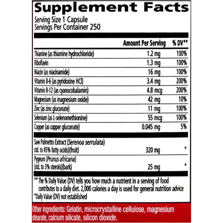 Tabla nutricional del suplemento Urinozinc Saw Palmetto formula Clásica 250 cápsulas