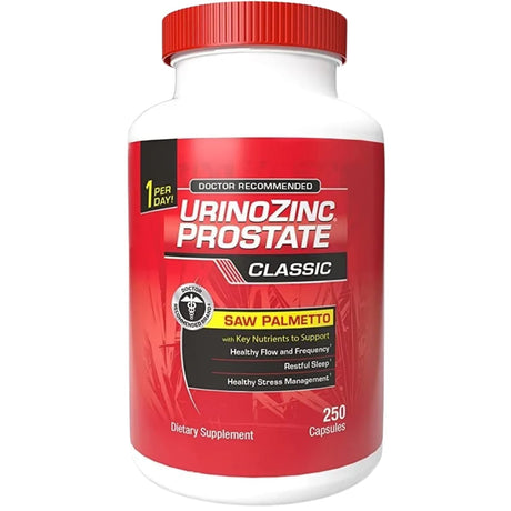 Frasco de suplemento Urinozinc Saw Palmetto formula Clásica 250 cápsulas
