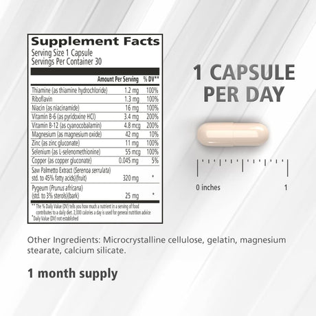 Tabla nutricional del suplemento Urinozinc Saw Palmetto formula Clásica 30 cápsulas