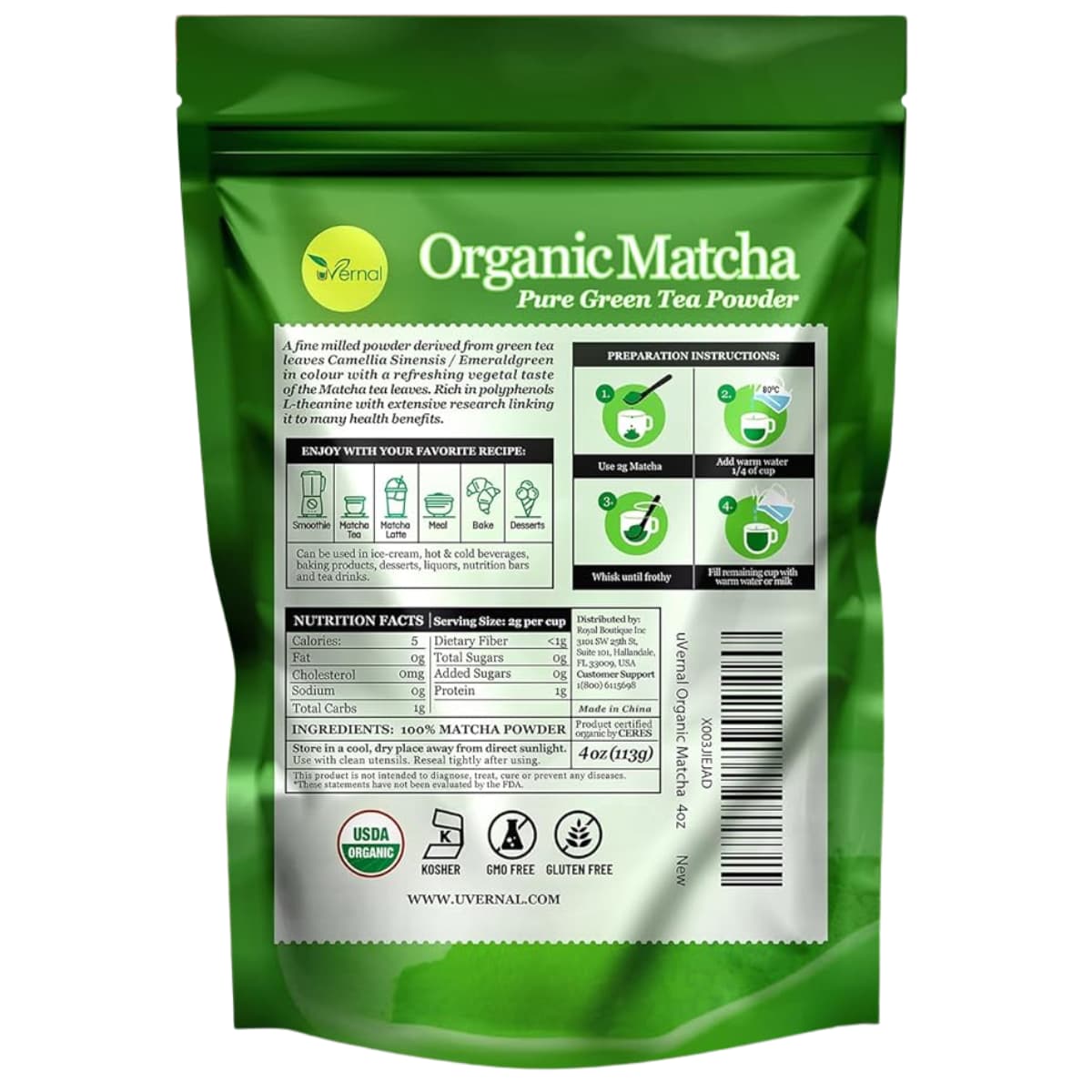 Tabla nutricional del suplemento Uvernal Té Verde Matcha Orgánico 113 g