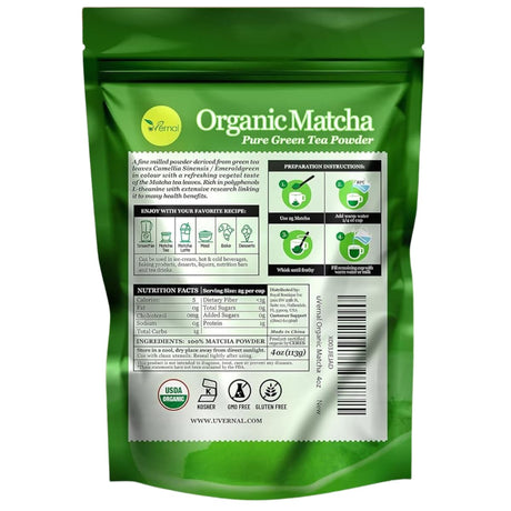 Tabla nutricional del suplemento Uvernal Té Verde Matcha Orgánico 113 g