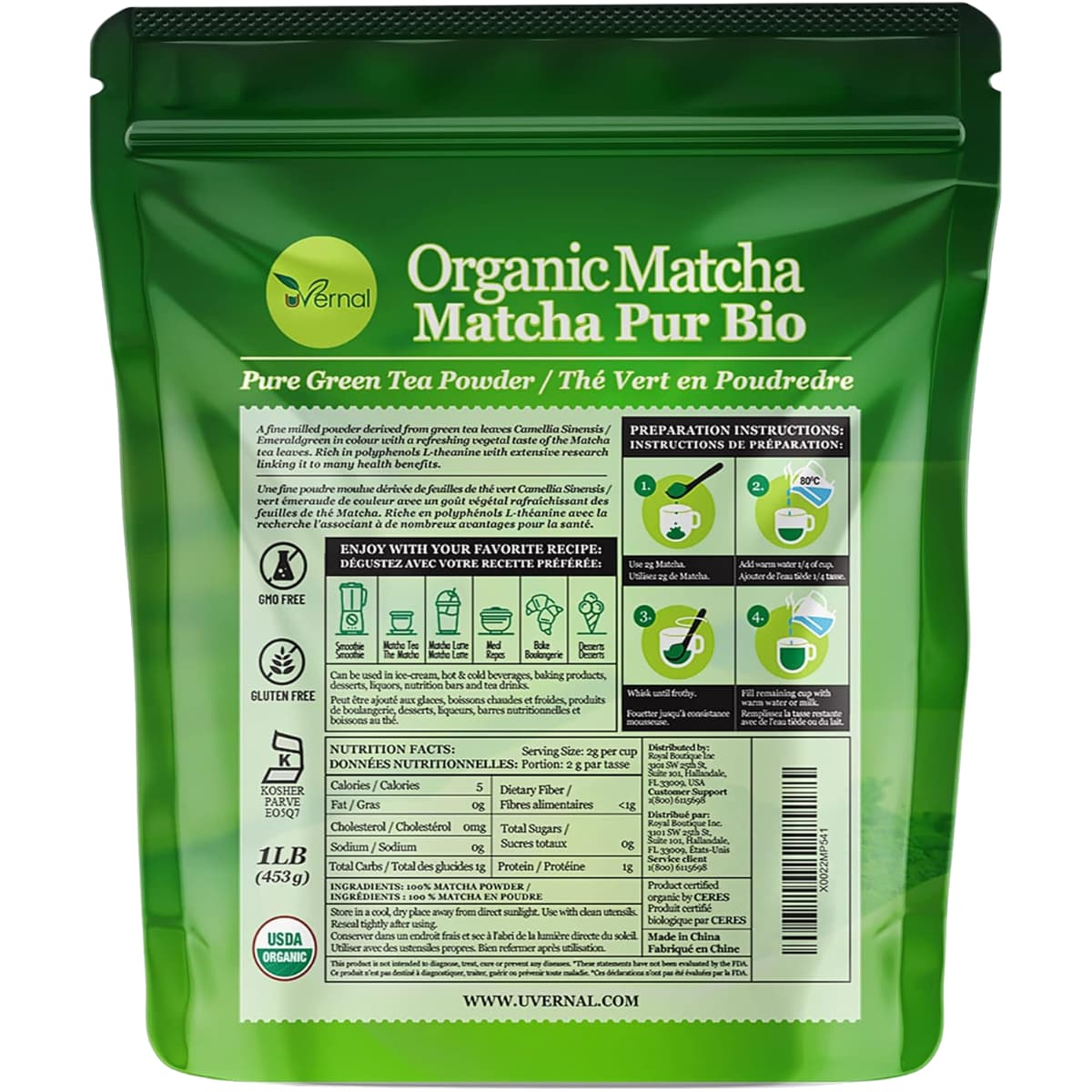 Tabla nutricional del suplemento Uvernal Té Verde Matcha Orgánico 453 g