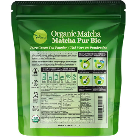 Tabla nutricional del suplemento Uvernal Té Verde Matcha Orgánico 453 g