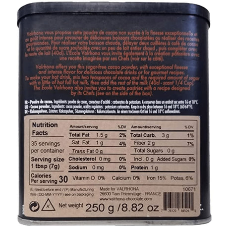 Tabla nutricional de Valrhona Cacao en Polvo 250 g