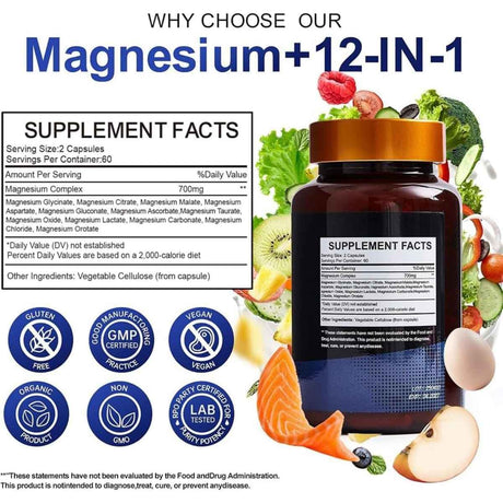 Información del suplemento de Vccvaa complejo de magnesio 12 en 1, con 700 mg por porción.