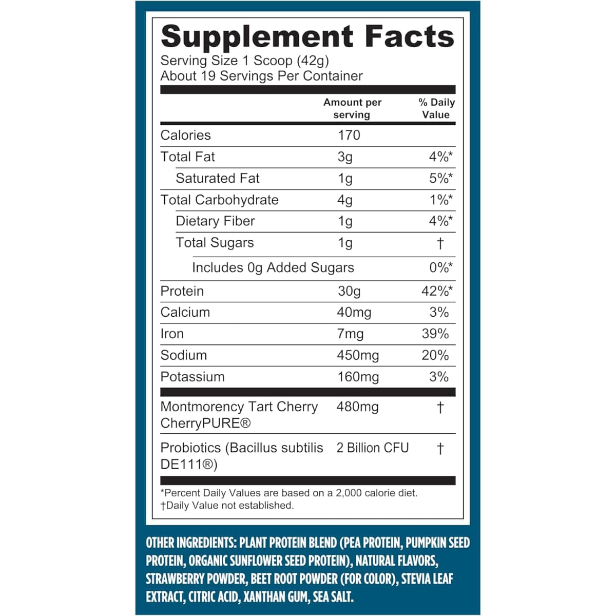 Tabla nutricional del suplemento Vega Proteína Vegana Performance sabor bayas 1 lb