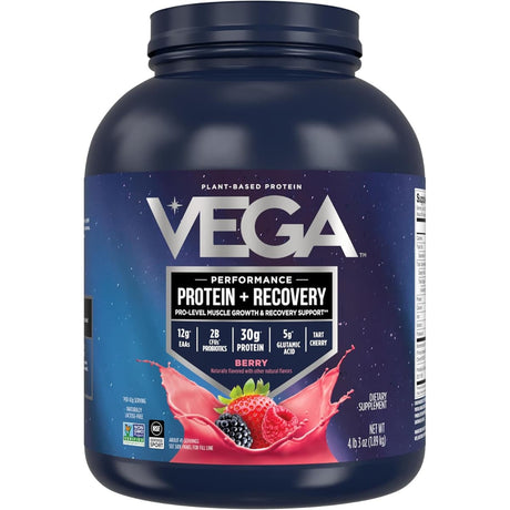 Frasco de suplemento Vega Proteína Vegana Performance sabor bayas 4 lb