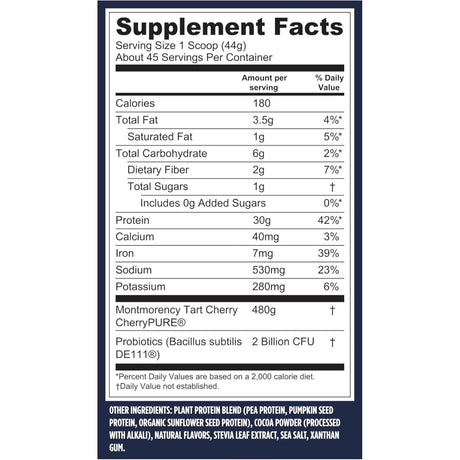 Tabla nutricional del suplemento Vega Proteína Vegana Performance sabor Chocolate 4 lb