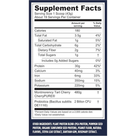 Tabla nutricional del suplemento Vega Proteína Vegana Performance sabor mantequilla de maní 1 lb